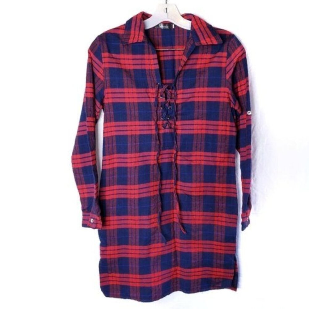 Hlkodo Red & Blue Plaid Flannel Lightweight Shirt Dress Women's Size Small